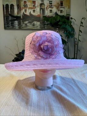 Ladies Pink Wide-Brim Floral Accent Dress Hat